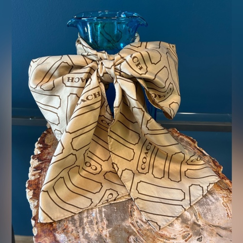 Coach Chelsea 100% Silk Scarf Logo Cartouche Lozenge Tan and Brown